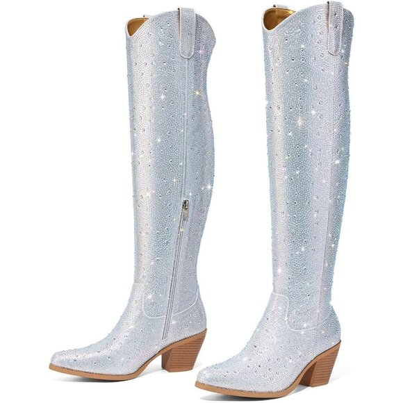 Women's Silver Rhinestone Sparkly Over Knee Pointed Toe Chunky High Heel Boots - Picture 8 of 8